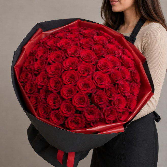 51 Premium Red Roses Luxury Mono Bouquet