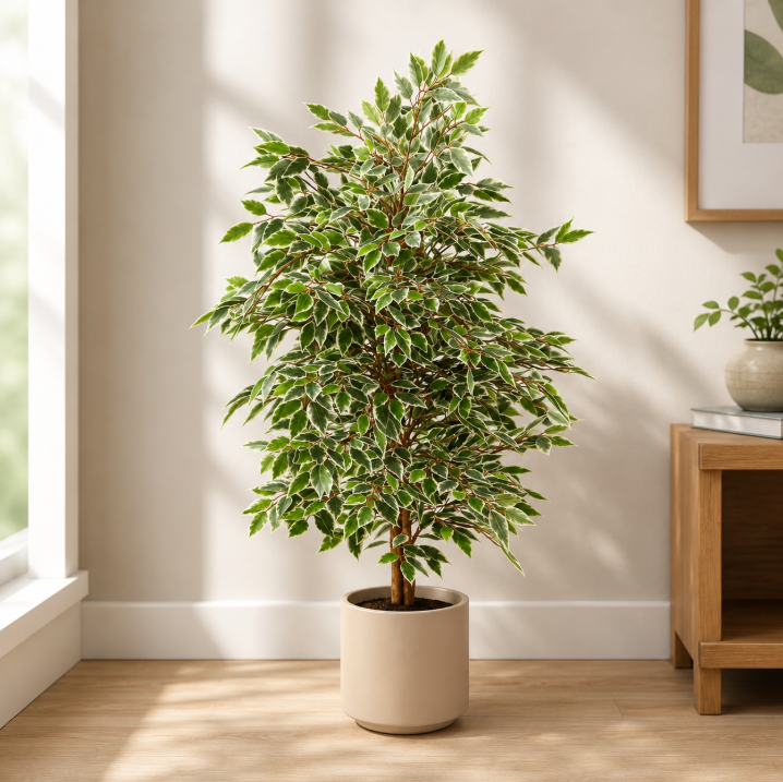 Faux White- Green Ficus Plant