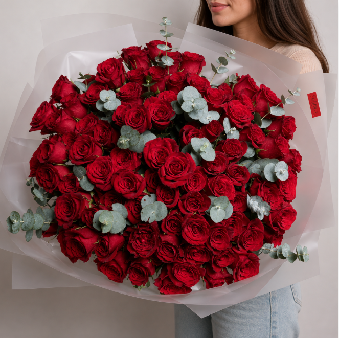 101 Red Roses And Eucalyptus Grand Luxury Bouquet